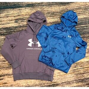LOT (2) Under Armour Hoodie Youth MED Blue Grey Pullover Sweatshirt Girls